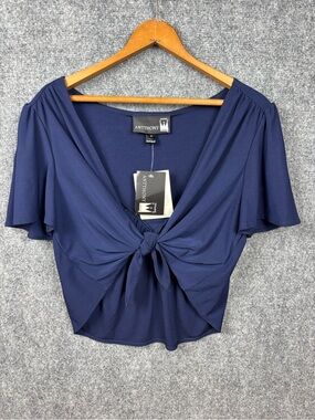 Antthony Navy Front-Tie Flutter Sleeve Crop Top